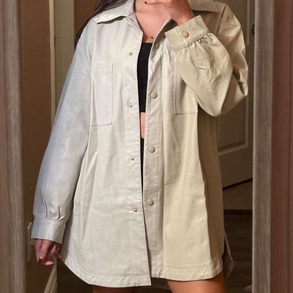 Zara Jackets & Blazers - ZARA cream beige button front Shacket faux‎ leather oversized shirt top Sz L